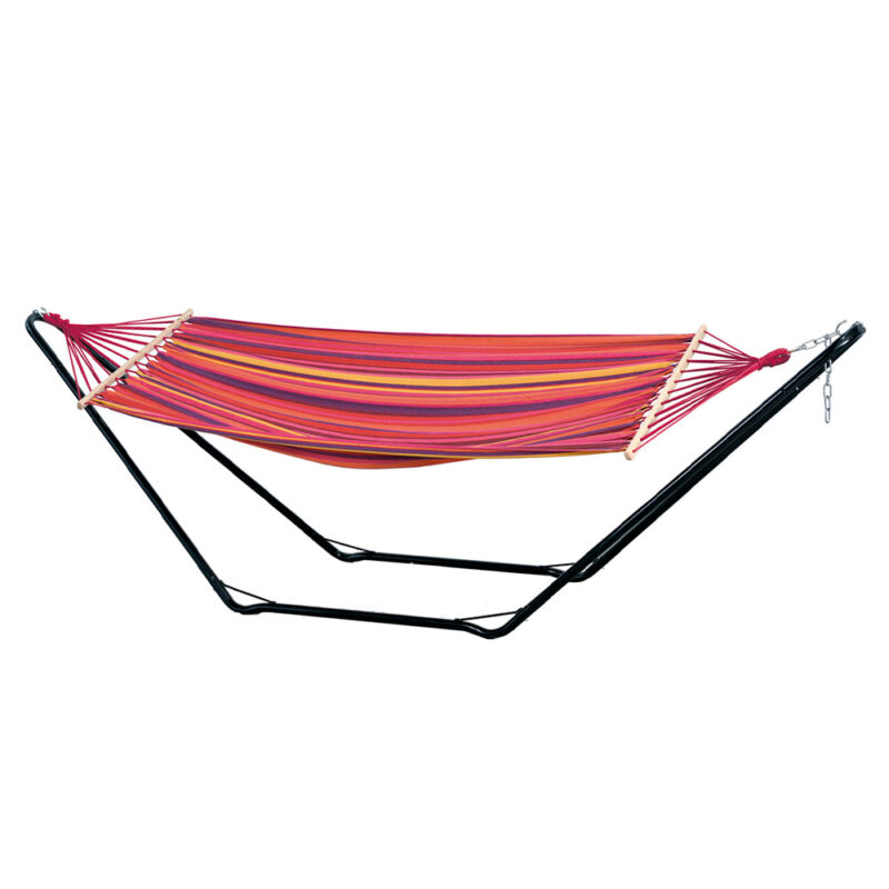 Beach Set: Conj. Soporte [Acero]+Hamaca de Exterior c/ Barras [1p] Casa y Jardín [Multicolor+Rojo]