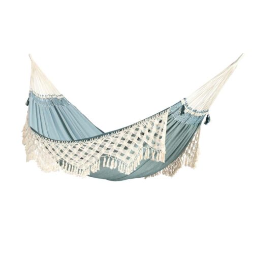 Bossanova Fjord: Eco-Hamaca Brasileña XXL [2-3p] c/ Franjas [100%Algodón Bio] Hecha a Mano [Azul clara]