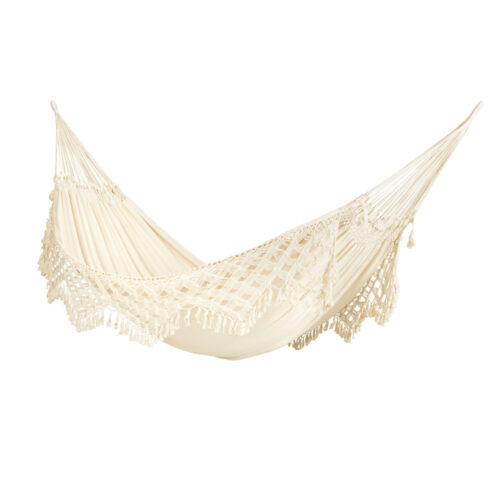 Bossanova Latte: Eco-Hamaca Brasileña XXL [2-3p] c/ Franjas [100%Algodón Bio] Hecha a Mano [Blanca/Crudo]