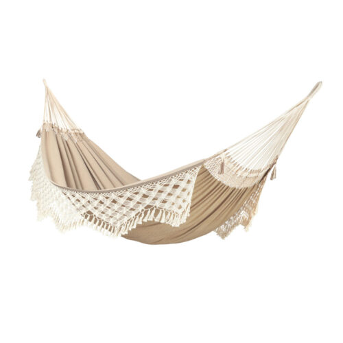 Bossanova Muscade: Eco-Hamaca Brasileña XXL [2-3p] c/ Franjas [100%Algodón Bio] Hecha a Mano [Marrón claro/Arena]