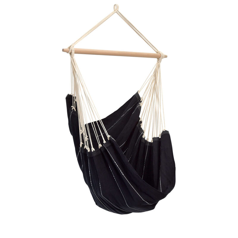 Brasil Black: Silla Hamaca XL [1-2p] Algodón Reciclado+Madera FSC /Hecha a Mano [Negra+Blanca]