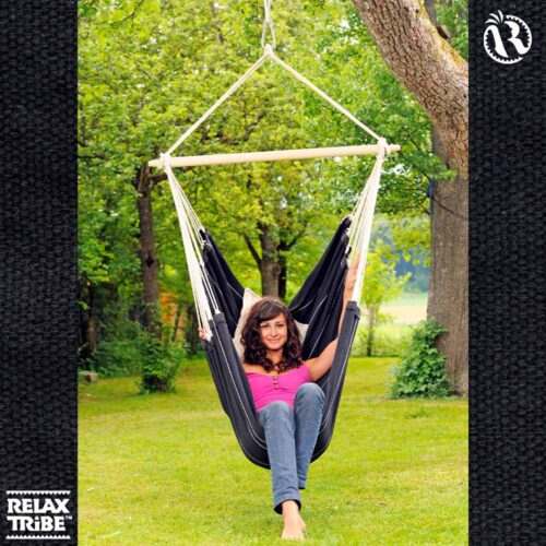 Brasil Black: Silla Hamaca XL [1-2p] Algodón Reciclado+Madera FSC /Hecha a Mano - Imagen 4