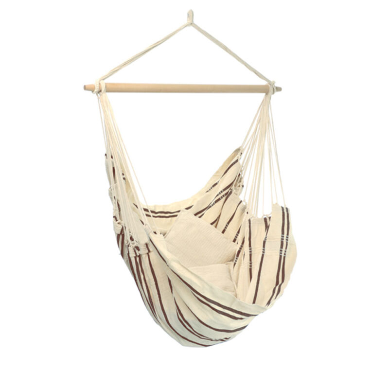 Brasil Cappuccino: Silla Hamaca XL [1-2p] Algodón Reciclado+Madera FSC /Hecha a Mano [Blanca/Crudo+Marrón]