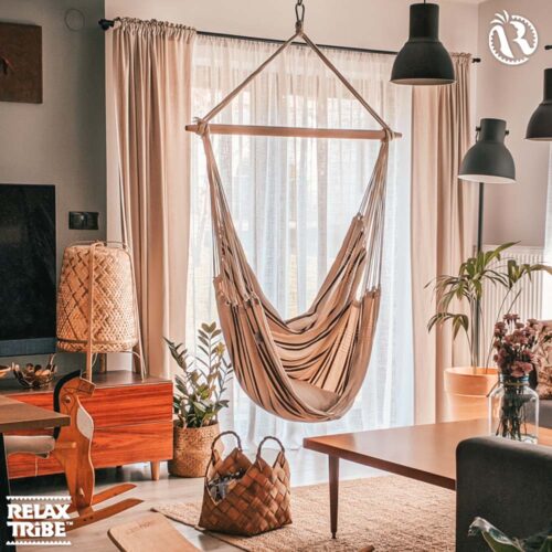 Brasil Cappuccino: Silla Hamaca XL [1-2p] Algodón Reciclado+Madera FSC /Hecha a Mano - Imagen 3