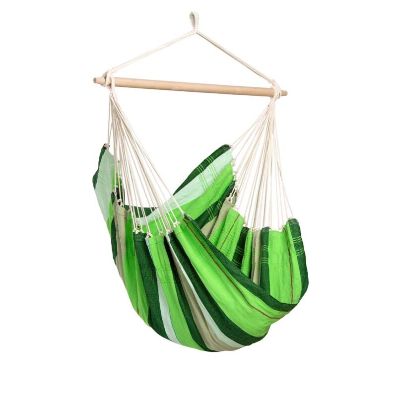 Brasil Oliva: Silla Hamaca XL [1-2p] Algodón Reciclado+Madera FSC /Hecha a Mano [tonos Verde]
