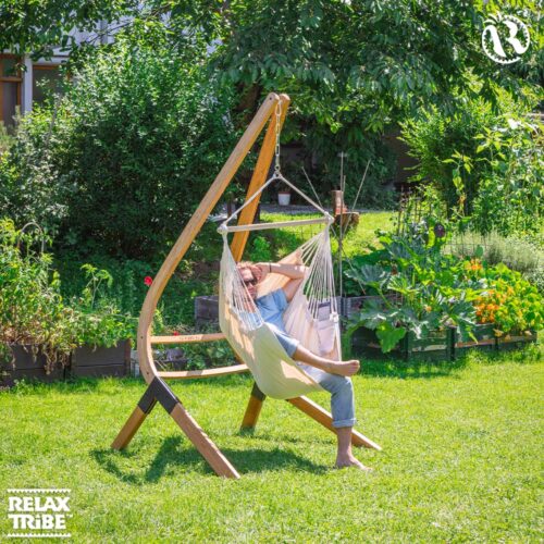 Habana Latte: Eco-Lounger/Silla Hamaca 100%Algodón Bio+Madera FSC /Hecha a Mano - Imagen 4