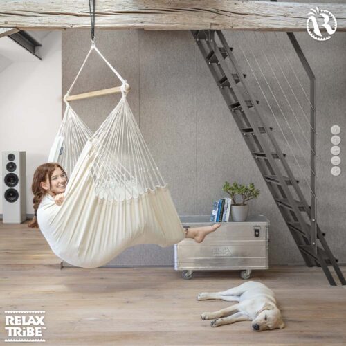 Habana Latte: Eco-Lounger/Silla Hamaca 100%Algodón Bio+Madera FSC /Hecha a Mano - Imagen 2
