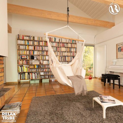 Habana Latte: Eco-Lounger/Silla Hamaca 100%Algodón Bio+Madera FSC /Hecha a Mano - Imagen 3