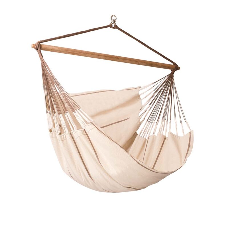 Habana Nougat: Eco-Lounger/Silla Hamaca XL [2p-K] 100%Algodón Bio+Madera FSC /Hecha a Mano [Blanca/Crudo+Marrón]