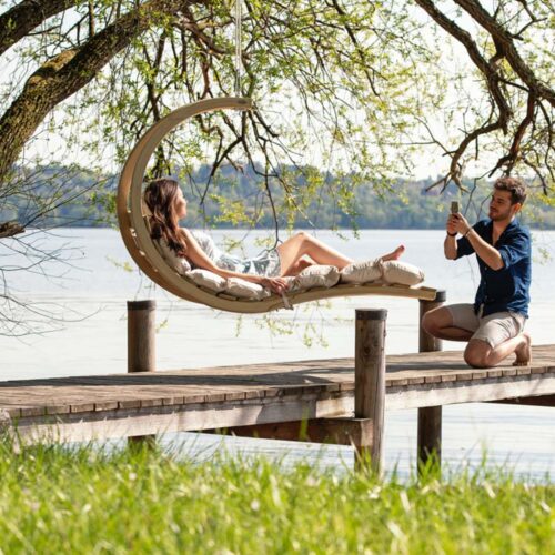 Swing Lounger Creme: Tumbona/Chaise Longue Colgante de Exterior [1p] Madera FSC c/ Colchón [Casa y Jardín] - Imagen 4